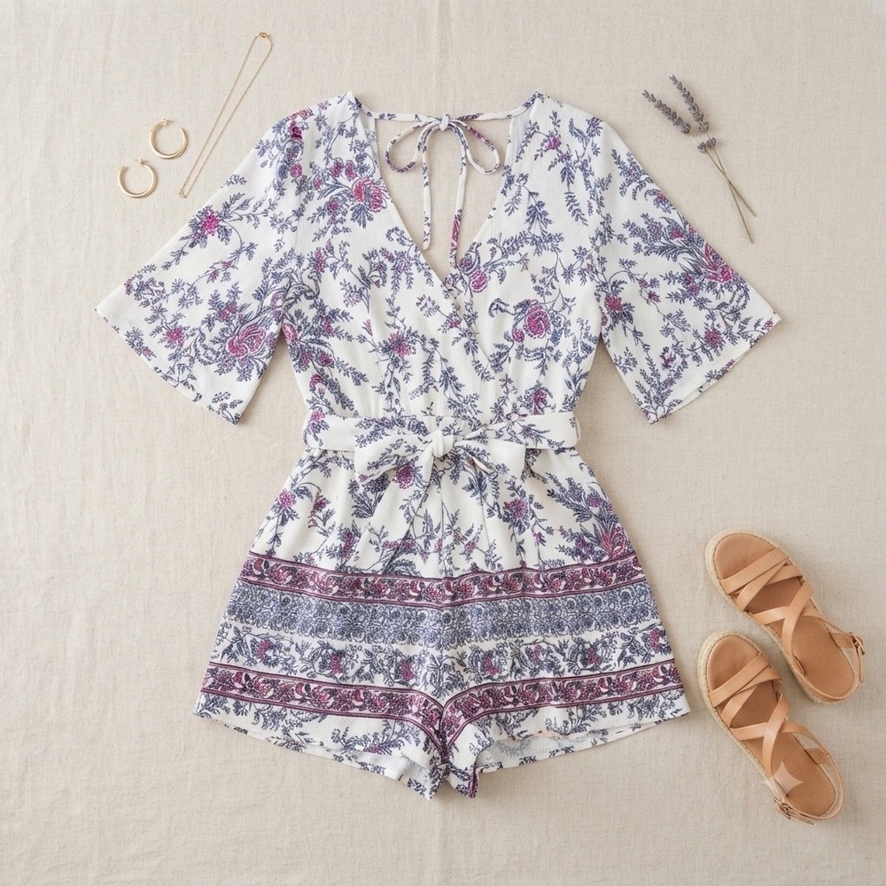Miami Romper Womens S White Floral Paisley Flutter Sleeve Boho Short Jumpsuit